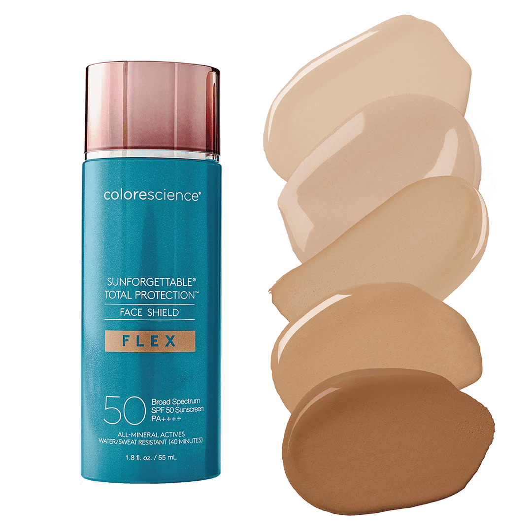 Colorescience Sun Protection Face Shield SPF 50 with beige swatches, broad spectrum sunscreen for he.