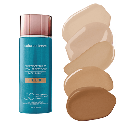 Colorescience Sun Protection Face Shield SPF 50 with beige swatches, broad spectrum sunscreen for he.