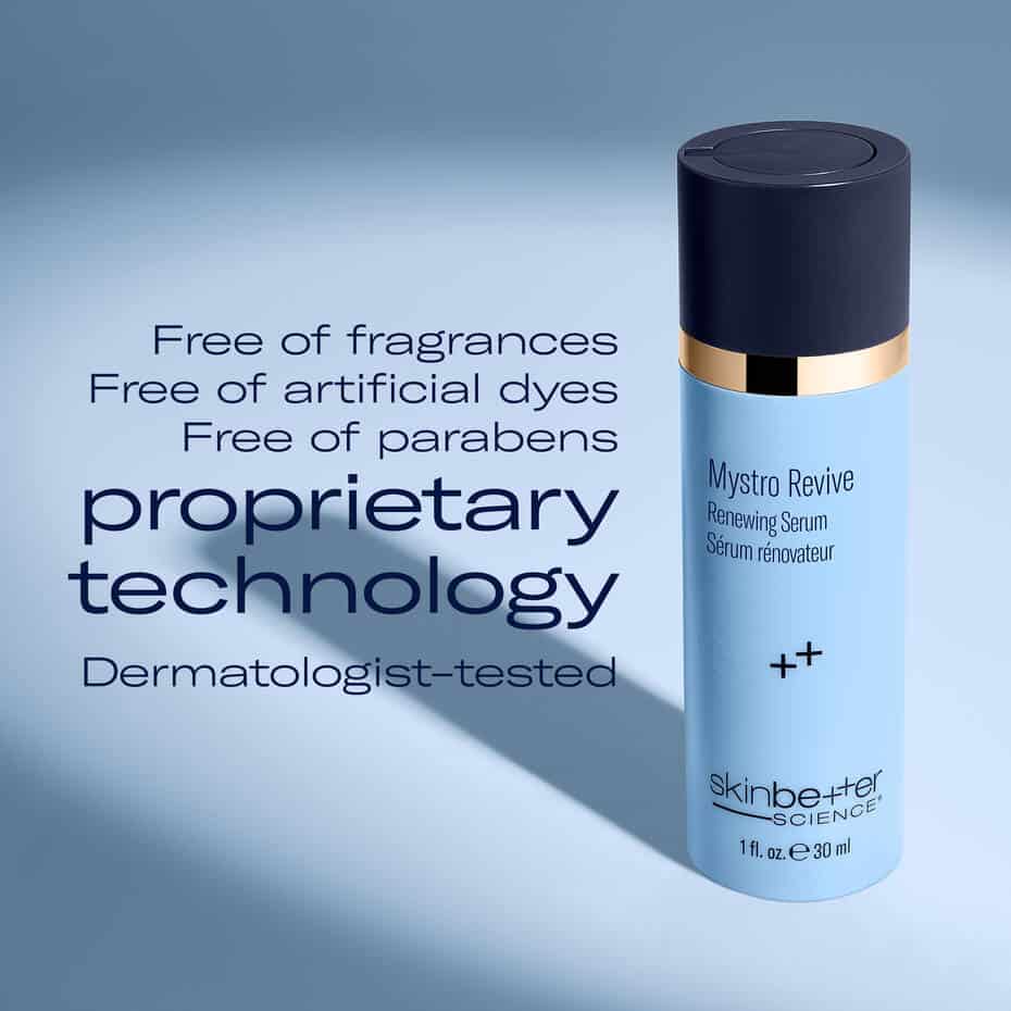 Skincare serum bottle with text highlighting fragrance-free, dye-free, paraben-free benefits.