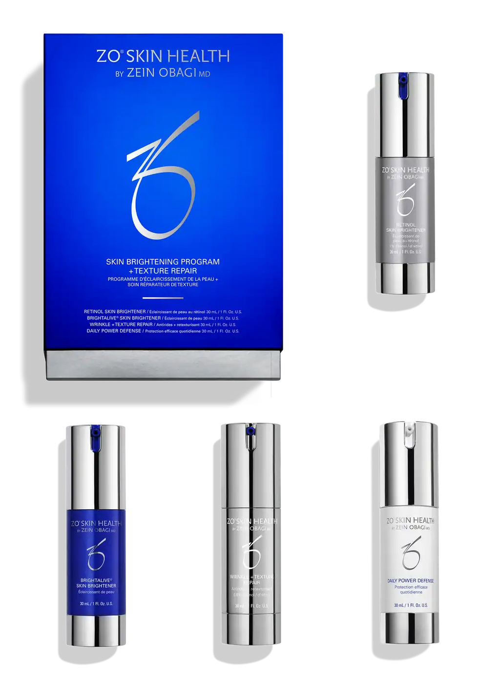 Shop ZO Skin Health Brightening Program + Texture Kit in Canada. Targets dark spots, uneven tone & texture with medical-grade retinol system at SF Wellness.