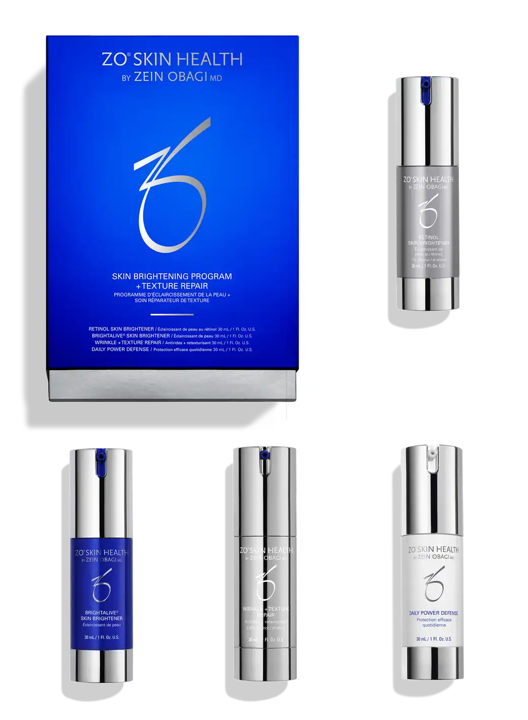 Shop ZO Skin Health Brightening Program + Texture Kit in Canada. Targets dark spots, uneven tone & texture with medical-grade retinol system at SF Wellness.